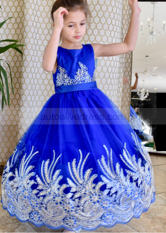 Satin Tulle Gold Lace Trim Tea Length Flower Girl Dress